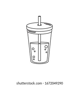 drinks disposable cup beverage with cap and straw vector illustration line style icon