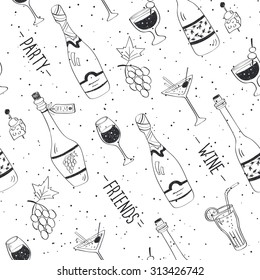 Drinks doodle pattern. Hand drawn beverages seamless background. Doodle snacks and drinks black on white. Beverages, glass, bottles, grapes, snacks. Wine, friend, party.