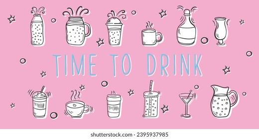 Drinks doodle set. Bottles, glass, cocktails. Water, wine and juice. Set of smoothies in different cups. Superfoods and health or detox diet food concept in sketch style. Hand drawn vector style.