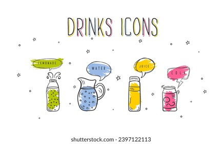 Drinks doodle set. Bottles, glass, cocktails. Water, wine and juice. Set of smoothies in different cups. Superfoods and health or detox diet food concept in sketch style. Hand drawn vector style.