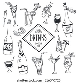 Drinks doodle set. Hand drawn cocktails icons isolated on white background. Doodle beverages collection. Bottles, glass, cocktails. Water, wine and juice. Drinks collection for coloring books.