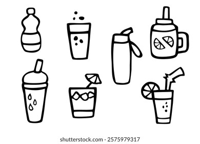 Drinks doodles set. Vector collection of hand drawn elements: bottles of water, glasses, cocktails and others.