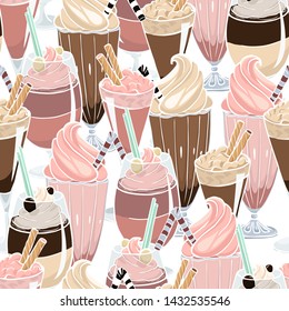 Drinks drawn vector seamless pattern. Chocolate milkshake and strawberry smoothie texture. Brown, pink and cream on a white background. Kitchen textiles, flyer for a cafe.