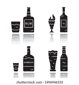 Drinks drop shadow black glyph icons set. Rum, absinthe, sambuca, beer. Bottles and beverages in glasses. Refreshment alcoholic liquid for party and celebration. Isolated vector illustrations
