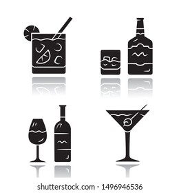Drinks drop shadow black glyph icons set. Cocktail in lowball glass, whiskey, wine, martini. Alcoholic beverages for party. Refreshment drinks and mixes. Isolated vector illustrations