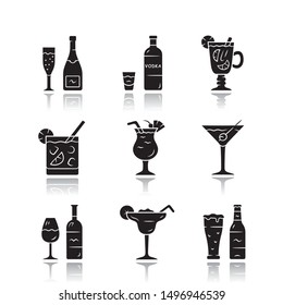 Drinks drop shadow black glyph icons set. Alcohol drinks card. Champagne, vodka, hot toddy, wine, beer, cocktail in lowball glass, martini, margarita, pina colada. Isolated vector illustrations