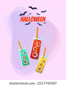 Drinks with eyes and straws for Halloween party. Halloween lettering with flying bats on abstract background. Celebration, party concept. Vector illustration for invitation, banner or poster