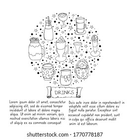Drinks. Festive tableware for the New year's holiday. Coffee drinks in Doodle style. Vector isolated illustration with coffee and tea on a white background. Doodle style.