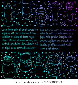Drinks. Festive tableware for the New year's holiday.  Vector isolated illustration with coffee and tea on a black background. Doodle style. Coffee drinks.