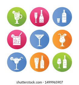 Drinks flat design long shadow glyph icons set. Alcohol drinks card. Champagne, vodka, hot toddy, wine, beer, cocktail in lowball glass, martini, margarita, pina colada. Vector silhouette illustration