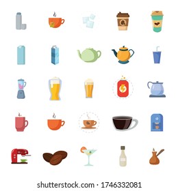 drinks flat icon set, with beer, coffee, milk box, soda, energy drink, cup of coffee, kettle, tea. drinks flat icon set, with beer, coffee, milk box, soda, energy drink, cup of coffee, kettle, tea. 