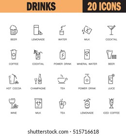 Drinks flat icon set. Collection of high quality outline symbols of drinks and alcohol for web design, mobile app. Vector thin line vector icons or logo of tea, coffee, lemonadem beer, etc.