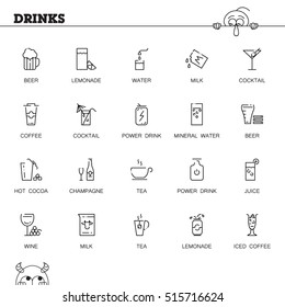 Drinks flat icon set. Collection of high quality outline symbols of drinks and alcohol for web design, mobile app. Vector thin line vector icons or logo of tea, coffee, lemonadem beer, etc.