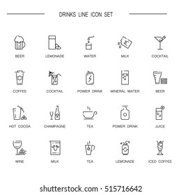 Drinks flat icon set. Collection of high quality outline symbols of drinks and alcohol for web design, mobile app. Vector thin line vector icons or logo of tea, coffee, lemonadem beer, etc.