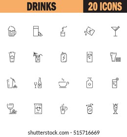 Drinks flat icon set. Collection of high quality outline symbols of drinks and alcohol for web design, mobile app. Vector thin line vector icons or logo of tea, coffee, lemonadem beer, etc.