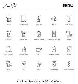 Drinks flat icon set. Collection of high quality outline symbols of drinks and alcohol for web design, mobile app. Vector thin line vector icons or logo of tea, coffee, lemonadem beer, etc.