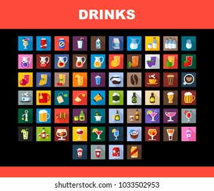 Drinks flat icons set. Vector illustration.
