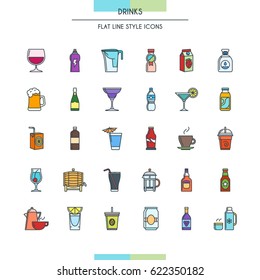 Drinks flat line icons set. Vector Illustration