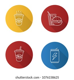 Drinks flat linear long shadow icons set. Takeaway coffee and tea, energy drink, soda with burger. Vector outline illustration