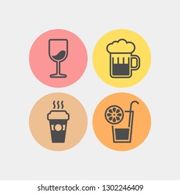 Drinks flat vector icons set. Coffee, wineglass, beer, juice flat vector icons