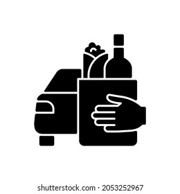 Drinks and food curbside pickup black glyph icon. Delivery to consumer vehicle. New revenue for restaurant, cafe. Social distancing. Silhouette symbol on white space. Vector isolated illustration