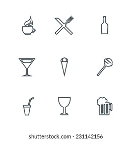 Drinks and food - design elements collection. Set of linear icons.