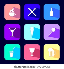 Drinks and food flat icon set with long shadows