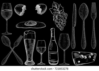 Drinks and food. Hand drawn sketch. Vector illustration