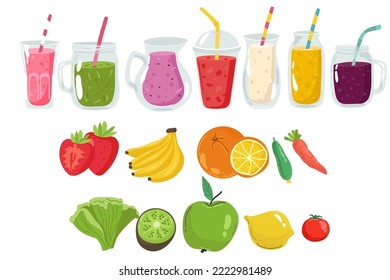 Drinks with fresh fruits, smoothie berries.Juices with pieces strawberry,blueberry and mango.Healthy detox. Set cold jars with tasty smoothies for hot season.Bright template for design. Vector illustr