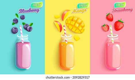 Bebidas con frutas frescas, bayas. Zumos con trozos de fresa, arándano y mango. Desintoxicación saludable. Ponga fríos con suavizantes sabrosos para la temporada caliente.Modelo brillante para el diseño. Ilustración vectorial.