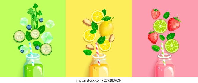 Drinks with fresh fruits,vegetables,berries.Smoothie with celery,cucumber,mint, lemon and honey,ginger, strawberry,lime.Healthy detox. Set cold juices for hot season.Bright template for design. Vector