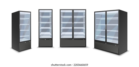 Drinks fridge. Empty glass door refrigerator, store beverages chiller side front view, supermarket retailer storefreezer, industrial commercial retail restaurant cooling freezer