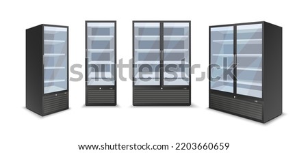 Drinks fridge. Empty glass door refrigerator, store beverages chiller side front view, supermarket retailer storefreezer, industrial commercial retail restaurant cooling freezer