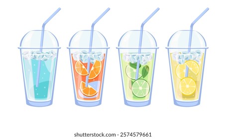 Drinks with fruit and ice. Water with oranges, limes and lemons. Antioxidant detox beverage in takeaway plastic glass. Healthy vitamin ingredients. Cartoon flat style isolated vector set
