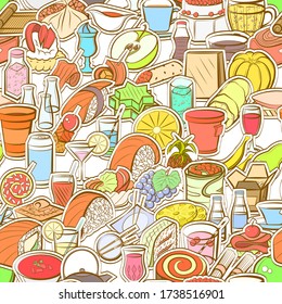 Drinks, Fruits, Japanese food and Snacks pattern. Background for printing, design, web. Seamless. Colored.