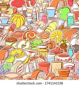 Drinks, Fruits, Japanese food and Snacks pattern. Background for printing, design, web. Seamless. Colored.