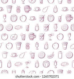 Drinks and Fruits set. Background for printing, design, web. Usable as icons. Seamless. Color.
