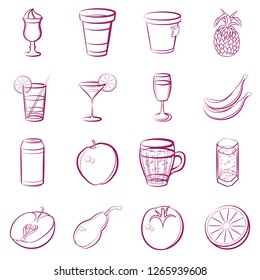 Drinks and Fruits set. Background for printing, design, web. Usable as icons. Seamless. Color.