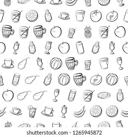 Drinks and Fruits set. Background for printing, design, web. Usable as icons. Seamless. Monochrome binary, black and white.