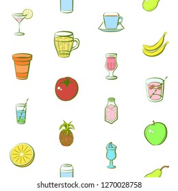 Drinks and Fruits set. Background for printing, design, web. Usable as icons. Seamless. Colored.