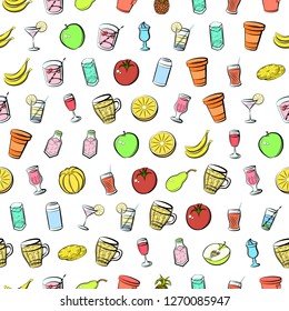 Drinks and Fruits set. Background for printing, design, web. Usable as icons. Seamless. Colored.