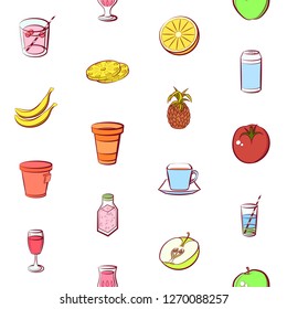 Drinks and Fruits set. Background for printing, design, web. Usable as icons. Seamless. Colored.