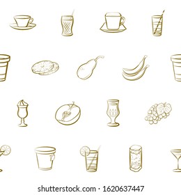 Drinks and Fruits set. Background for printing, design, web. Usable as icons. Seamless. Binary color.
