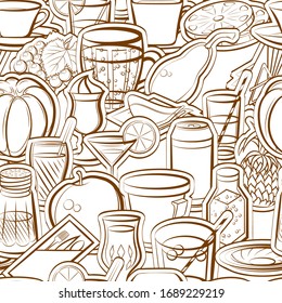 Drinks, Fruits and Table setting pattern. Background for printing, design, web. Seamless. Binary color.