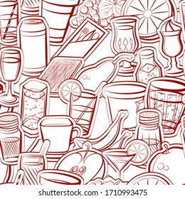 Drinks, Fruits and Table setting pattern. Background for printing, design, web. Seamless. Binary color.