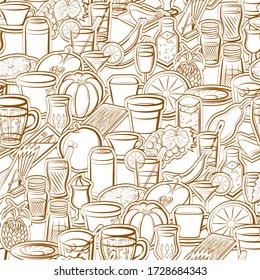 Drinks, Fruits and Table setting pattern. Background for printing, design, web. Seamless. Binary color.