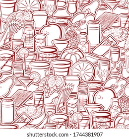 Drinks, Fruits and Table setting pattern. Background for printing, design, web. Seamless. Binary color.