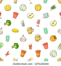 Drinks, Fruits and Vegetables set. Background for printing, design, web. Usable as icons. Seamless. Colored.