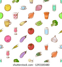 Drinks, Fruits and Vegetables set. Background for printing, design, web. Usable as icons. Seamless. Colored.