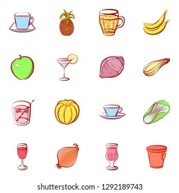 Drinks, Fruits and Vegetables set. Background for printing, design, web. Usable as icons. Colored.